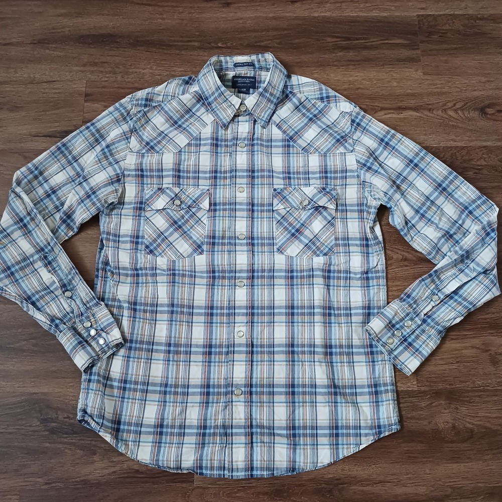 American Eagle Womens Button Up Shirt‎ Multicolor Plaid Slim Fit Pearl Snap M